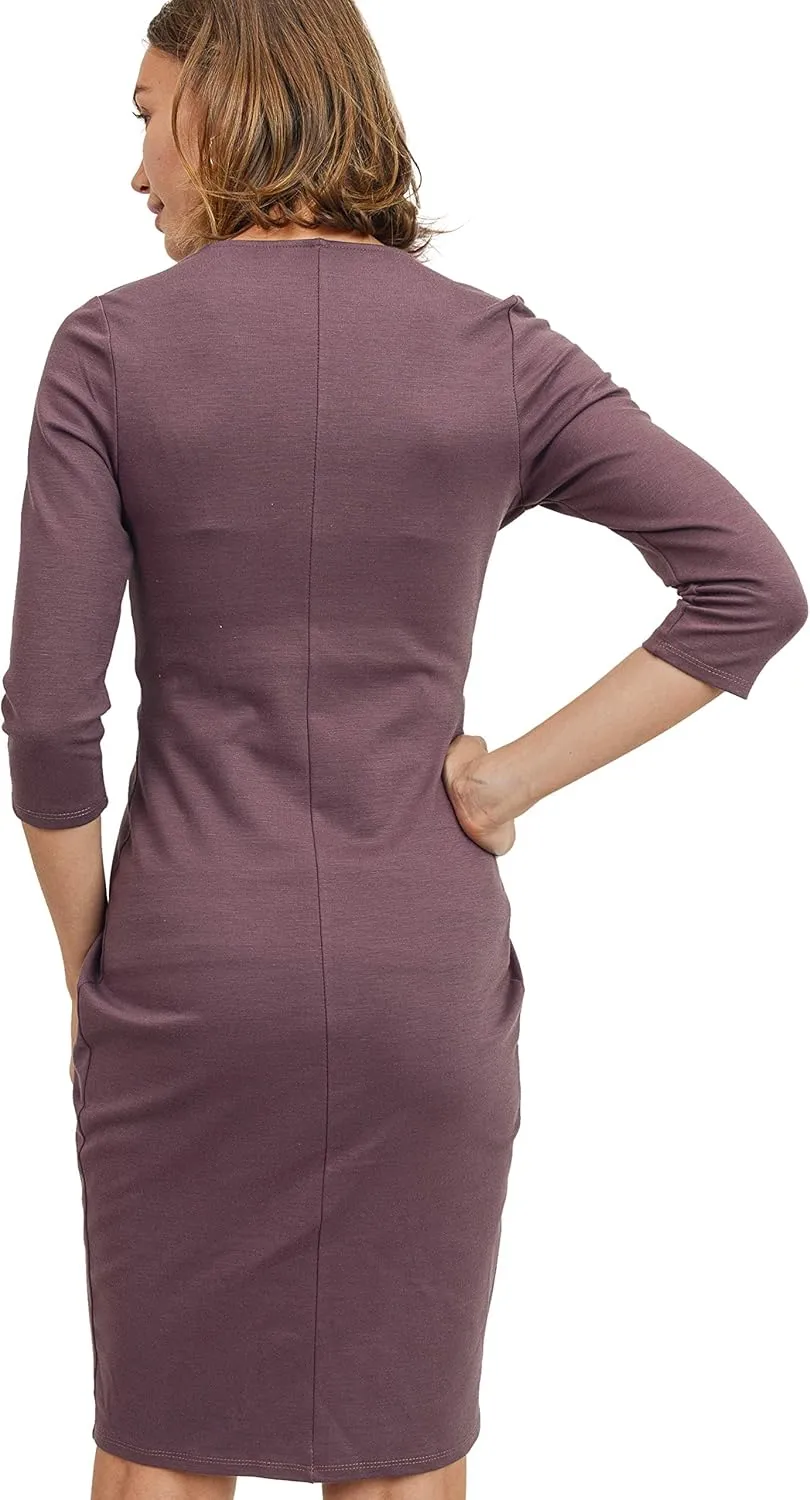 LaClef Women's Knee Length Midi Maternity Dress with Front Pleat - 3/4 Sleeve