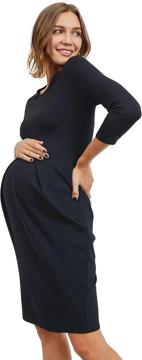 LaClef Women's Knee Length Midi Maternity Dress with Front Pleat - 3/4 Sleeve