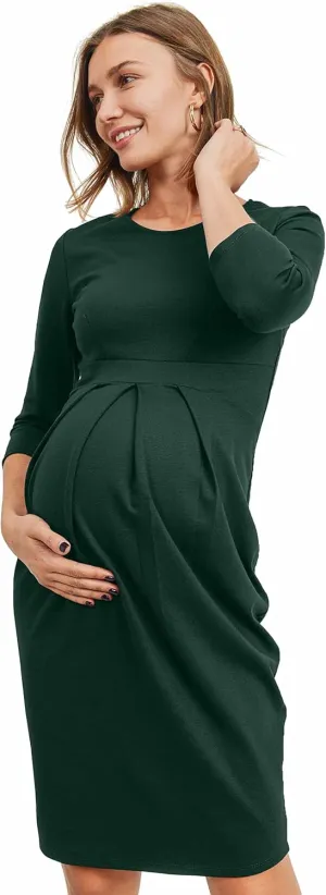 LaClef Women's Knee Length Midi Maternity Dress with Front Pleat - 3/4 Sleeve