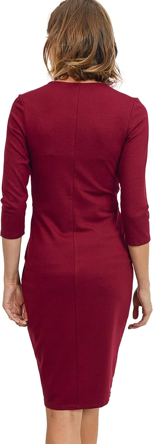 LaClef Women's Knee Length Midi Maternity Dress with Front Pleat - 3/4 Sleeve