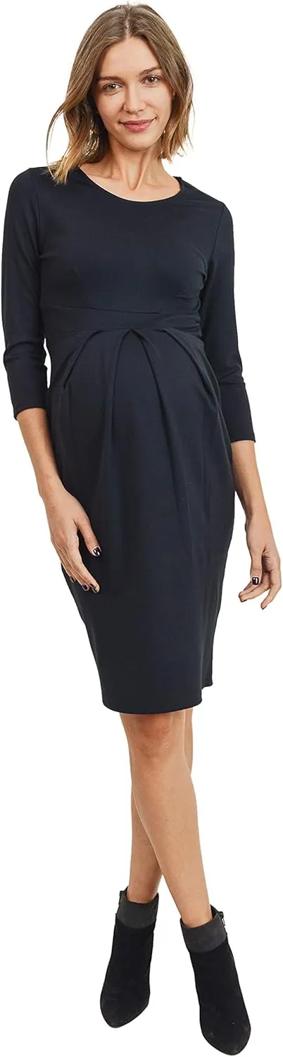 LaClef Women's Knee Length Midi Maternity Dress with Front Pleat - 3/4 Sleeve