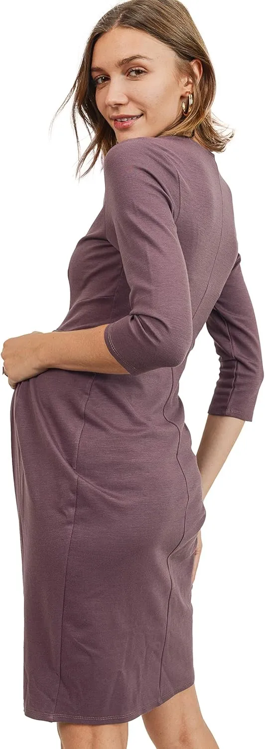 LaClef Women's Knee Length Midi Maternity Dress with Front Pleat - 3/4 Sleeve