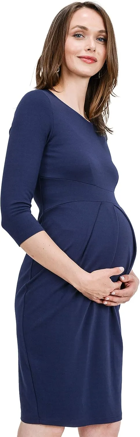 LaClef Women's Knee Length Midi Maternity Dress with Front Pleat - 3/4 Sleeve