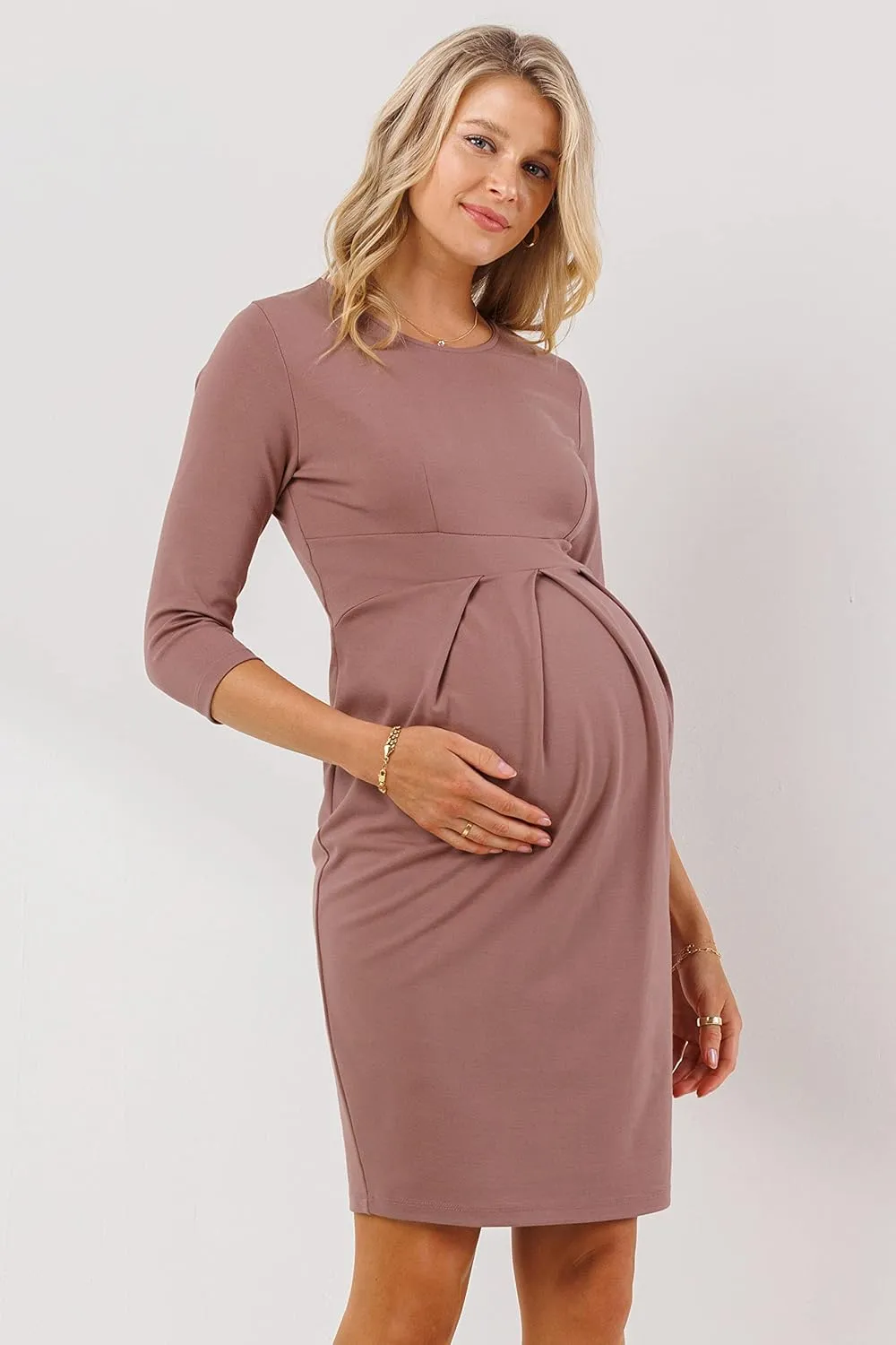 LaClef Women's Knee Length Midi Maternity Dress with Front Pleat - 3/4 Sleeve