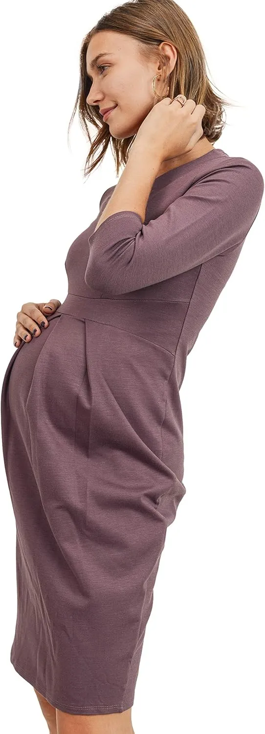 LaClef Women's Knee Length Midi Maternity Dress with Front Pleat - 3/4 Sleeve