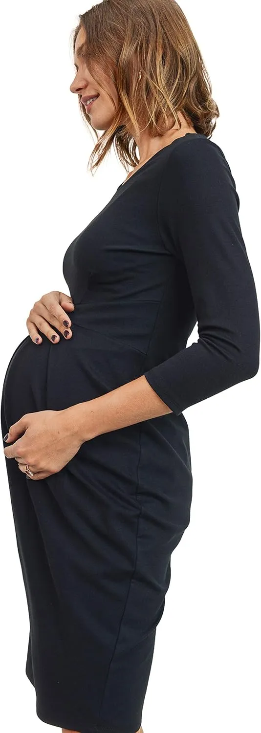 LaClef Women's Knee Length Midi Maternity Dress with Front Pleat - 3/4 Sleeve