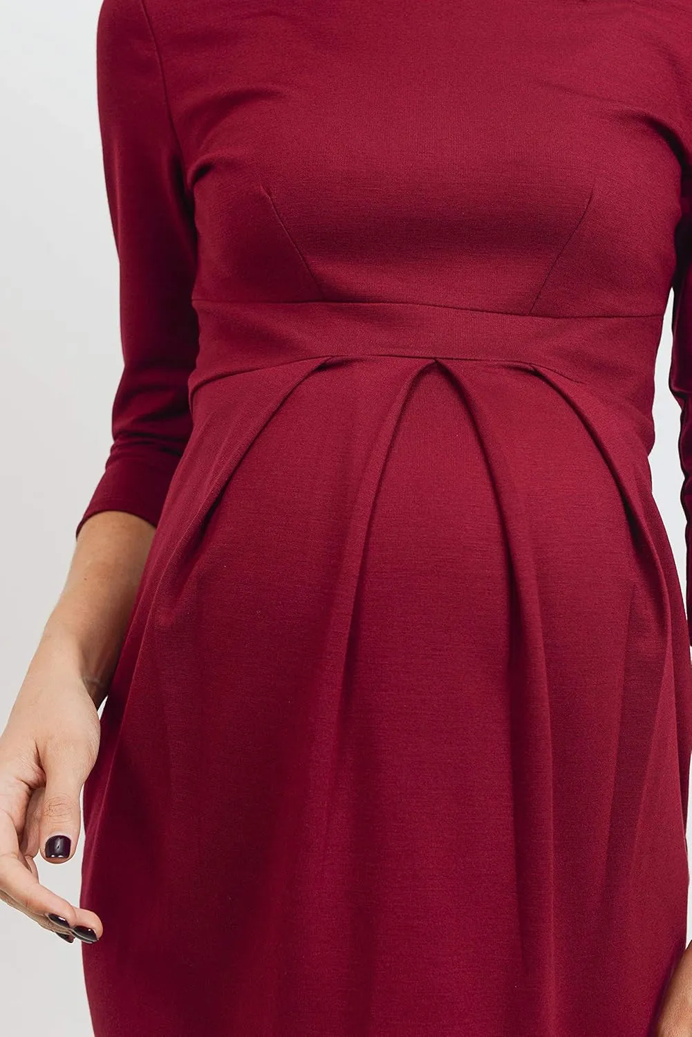 LaClef Women's Knee Length Midi Maternity Dress with Front Pleat - 3/4 Sleeve