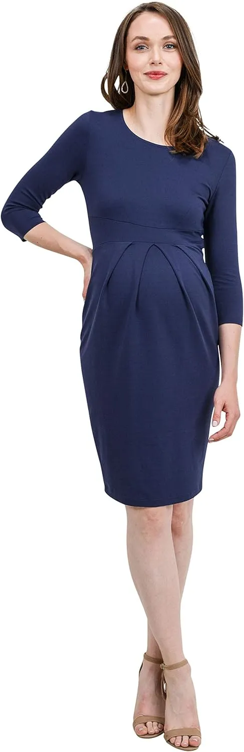 LaClef Women's Knee Length Midi Maternity Dress with Front Pleat - 3/4 Sleeve