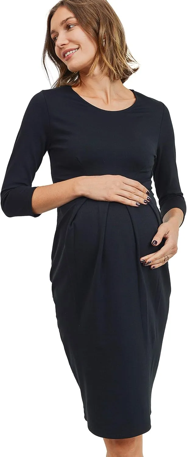 LaClef Women's Knee Length Midi Maternity Dress with Front Pleat - 3/4 Sleeve