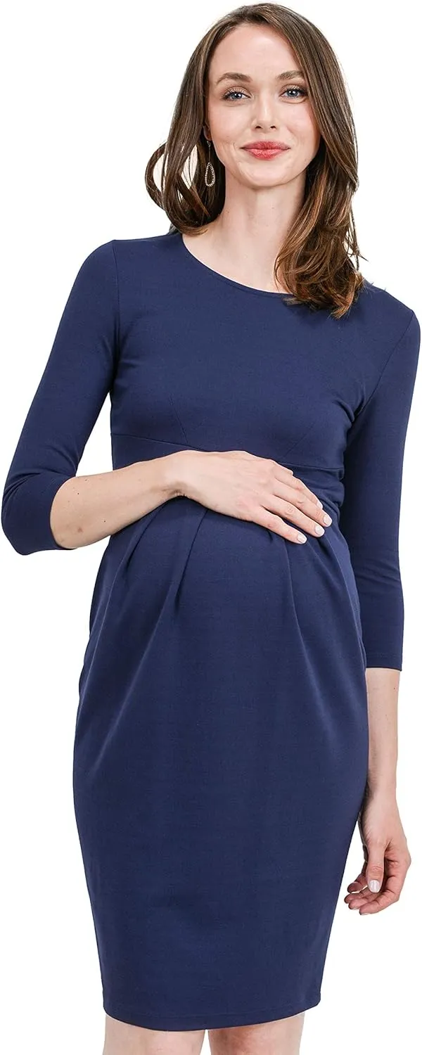 LaClef Women's Knee Length Midi Maternity Dress with Front Pleat - 3/4 Sleeve