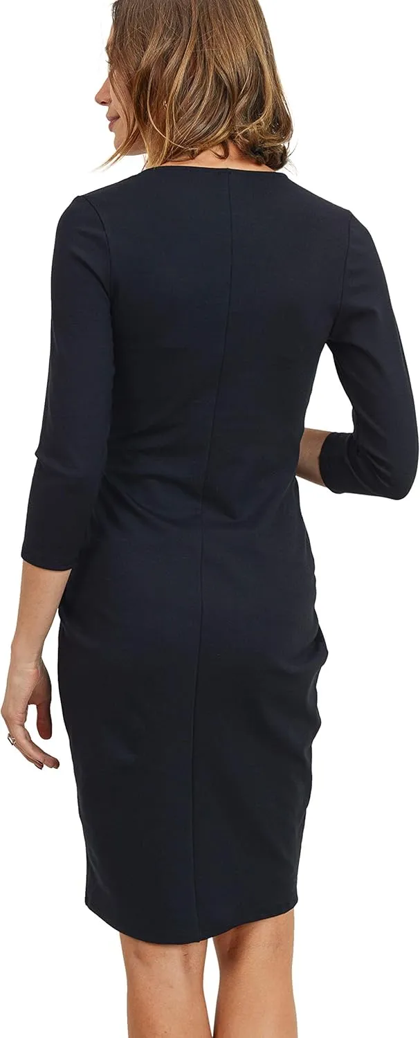 LaClef Women's Knee Length Midi Maternity Dress with Front Pleat - 3/4 Sleeve