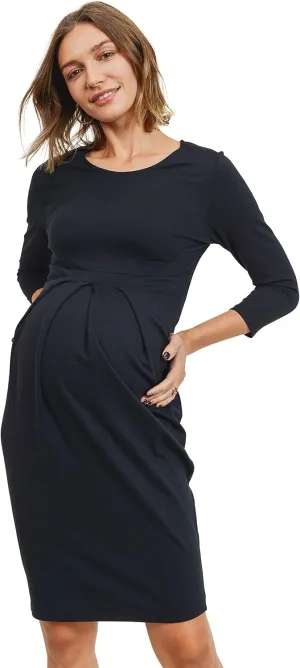 LaClef Women's Knee Length Midi Maternity Dress with Front Pleat - 3/4 Sleeve