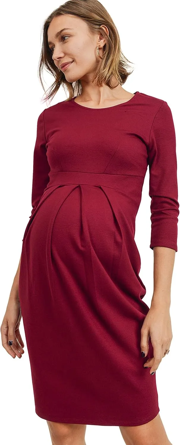 LaClef Women's Knee Length Midi Maternity Dress with Front Pleat - 3/4 Sleeve