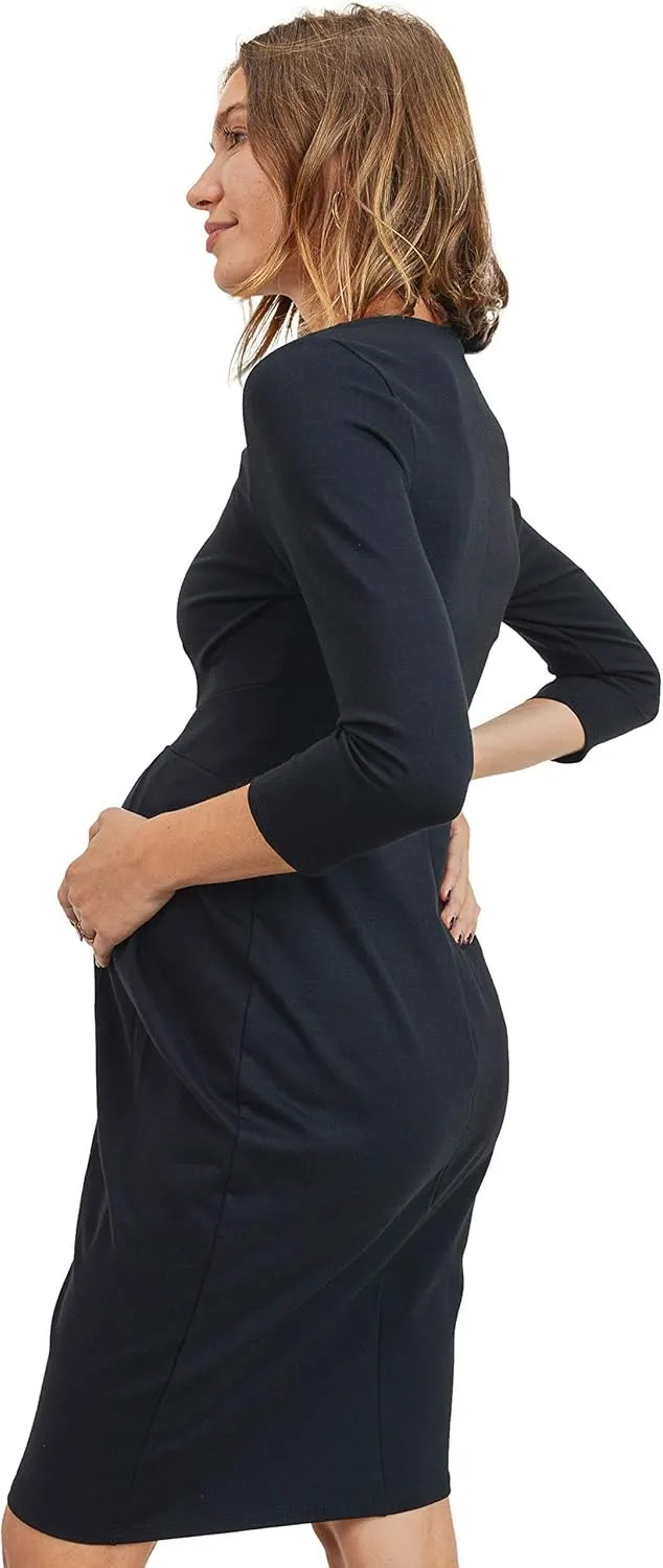 LaClef Women's Knee Length Midi Maternity Dress with Front Pleat - 3/4 Sleeve