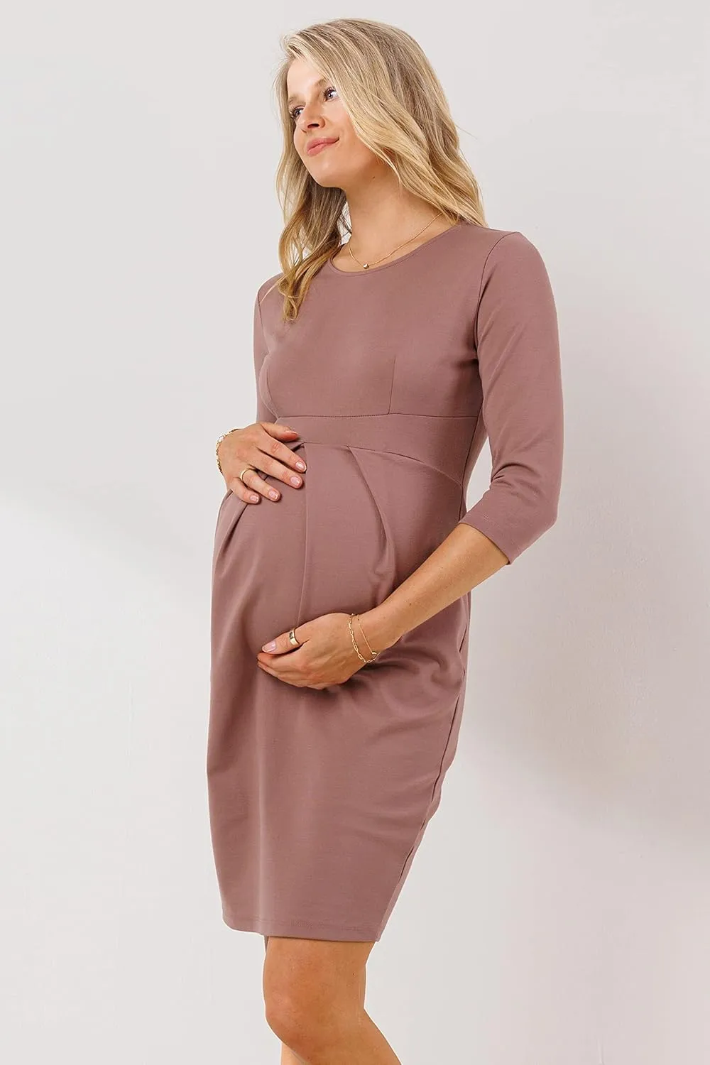 LaClef Women's Knee Length Midi Maternity Dress with Front Pleat - 3/4 Sleeve