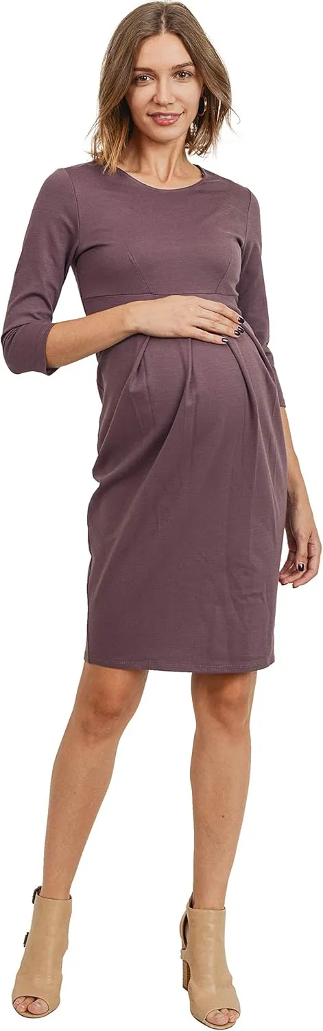 LaClef Women's Knee Length Midi Maternity Dress with Front Pleat - 3/4 Sleeve