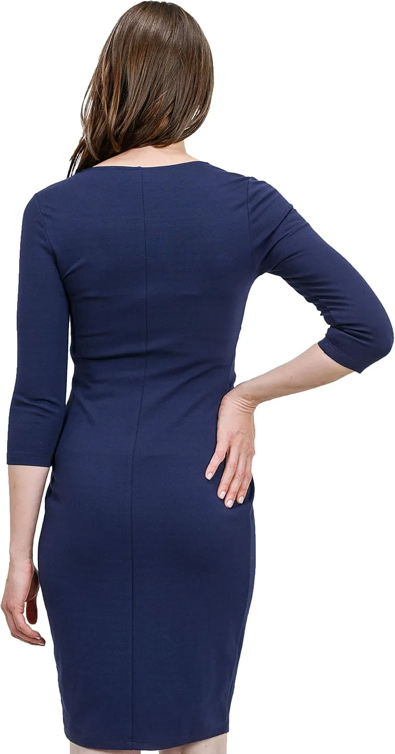 LaClef Women's Knee Length Midi Maternity Dress with Front Pleat - 3/4 Sleeve
