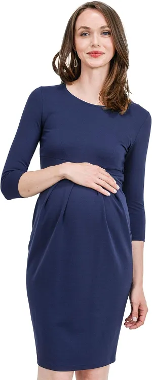 LaClef Women's Knee Length Midi Maternity Dress with Front Pleat - 3/4 Sleeve
