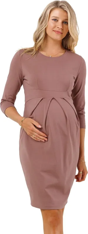 LaClef Women's Knee Length Midi Maternity Dress with Front Pleat - 3/4 Sleeve
