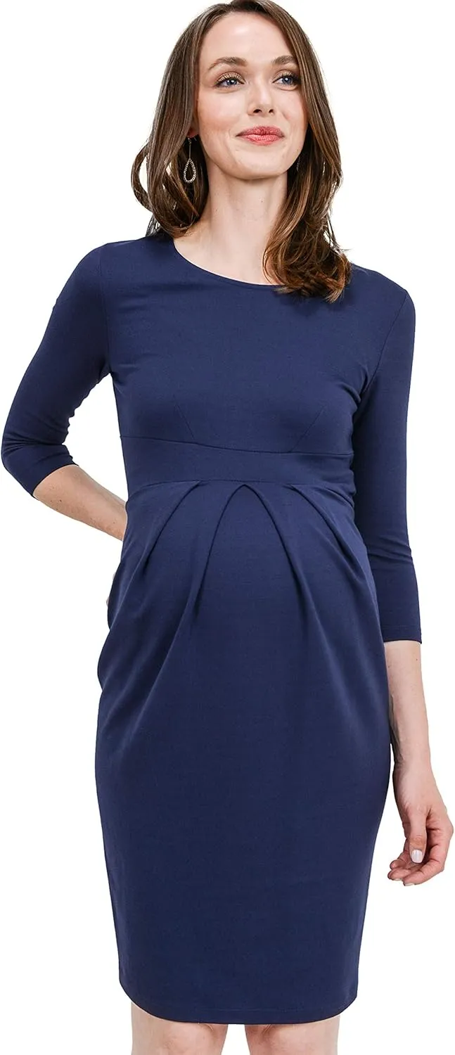 LaClef Women's Knee Length Midi Maternity Dress with Front Pleat - 3/4 Sleeve