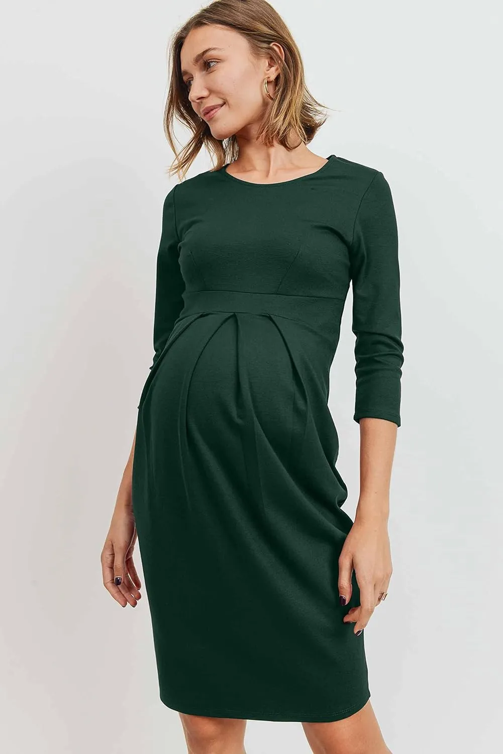 LaClef Women's Knee Length Midi Maternity Dress with Front Pleat - 3/4 Sleeve