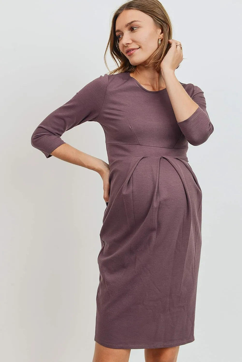 LaClef Women's Knee Length Midi Maternity Dress with Front Pleat - 3/4 Sleeve