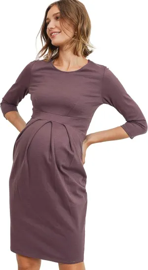 LaClef Women's Knee Length Midi Maternity Dress with Front Pleat - 3/4 Sleeve