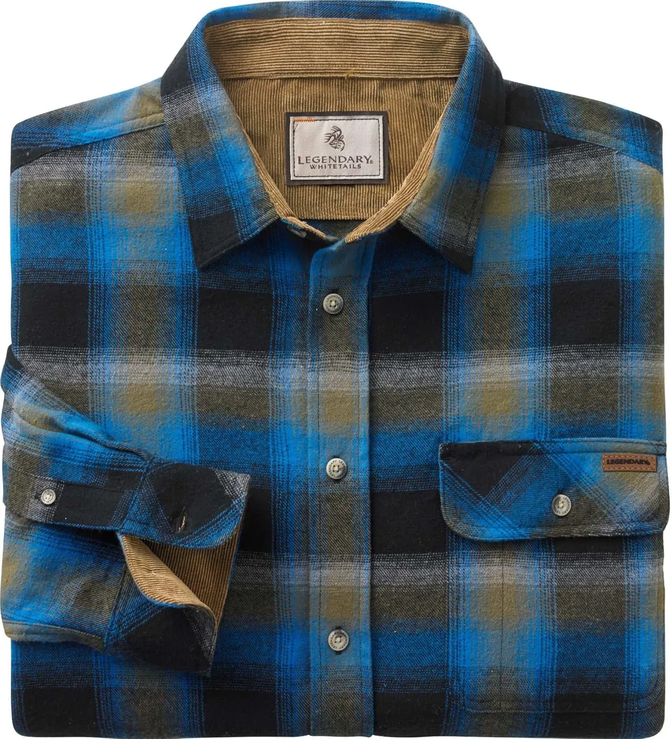 Legendary Whitetails Men's Buck Camp Flannel, Long Sleeve Plaid Button Down Casual Shirt, Corduroy Cuffs