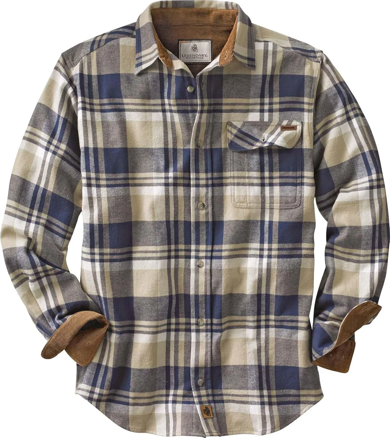 Legendary Whitetails Men's Buck Camp Flannel, Long Sleeve Plaid Button Down Casual Shirt, Corduroy Cuffs