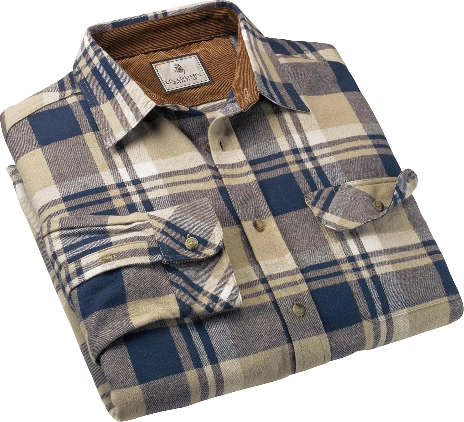 Legendary Whitetails Men's Buck Camp Flannel, Long Sleeve Plaid Button Down Casual Shirt, Corduroy Cuffs
