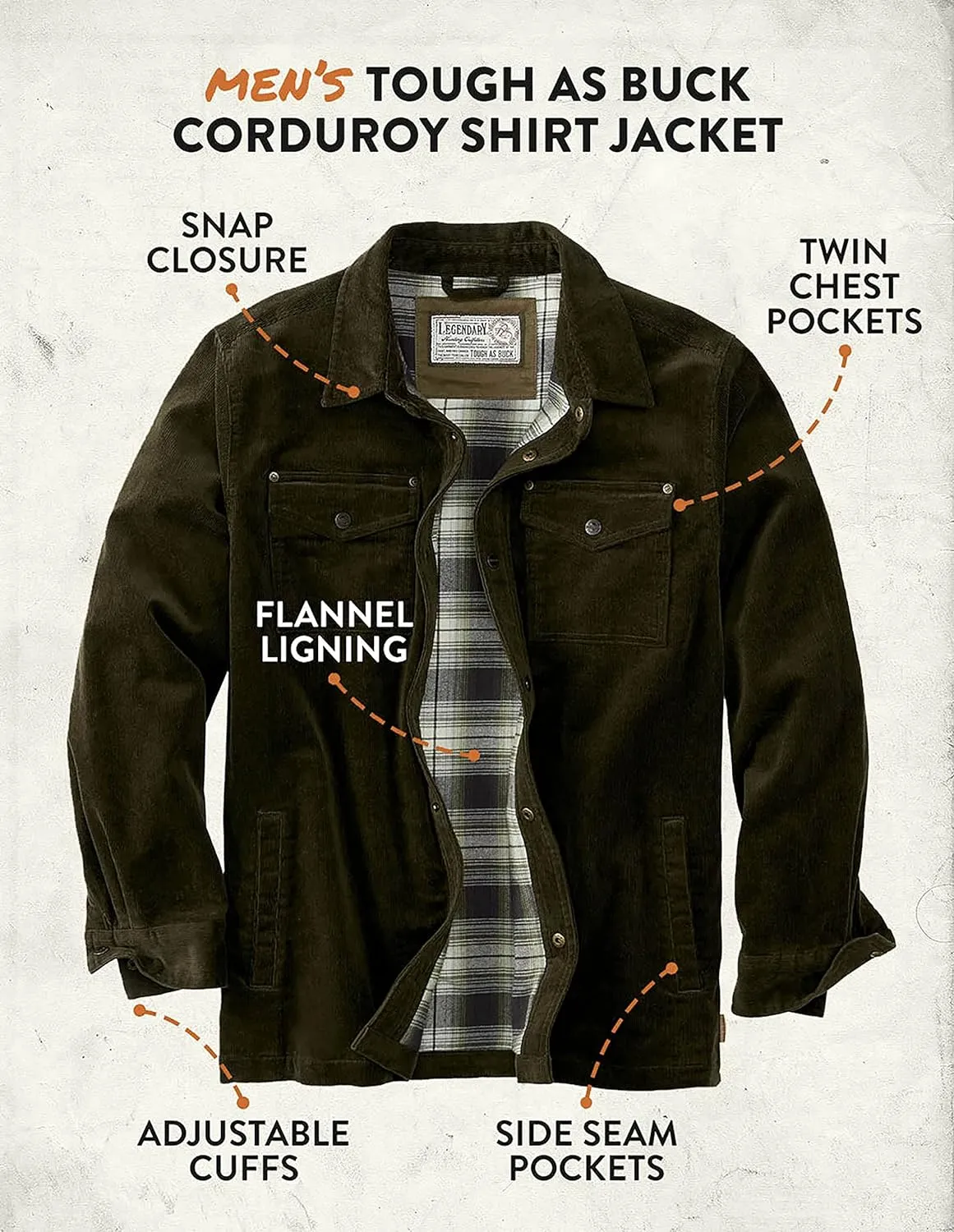 Legendary Whitetails Men's Tough as Buck Flannel Lined Corduroy Shirt Jacket