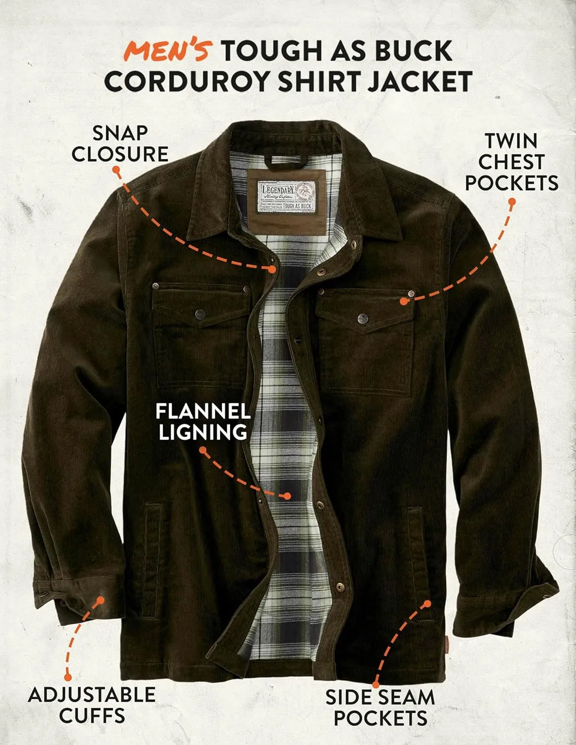 Legendary Whitetails Men's Tough as Buck Flannel Lined Corduroy Shirt Jacket