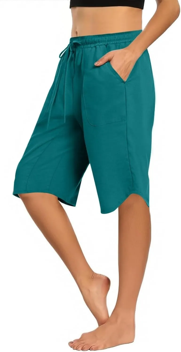 Linen Shorts for Women 2025 Knee Length Casual Summer Drawstring Waist Shorts Lightweight Loose Beach Pants