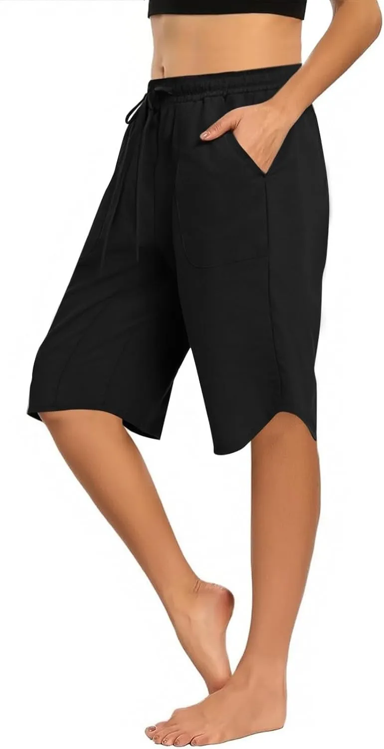 Linen Shorts for Women 2025 Knee Length Casual Summer Drawstring Waist Shorts Lightweight Loose Beach Pants