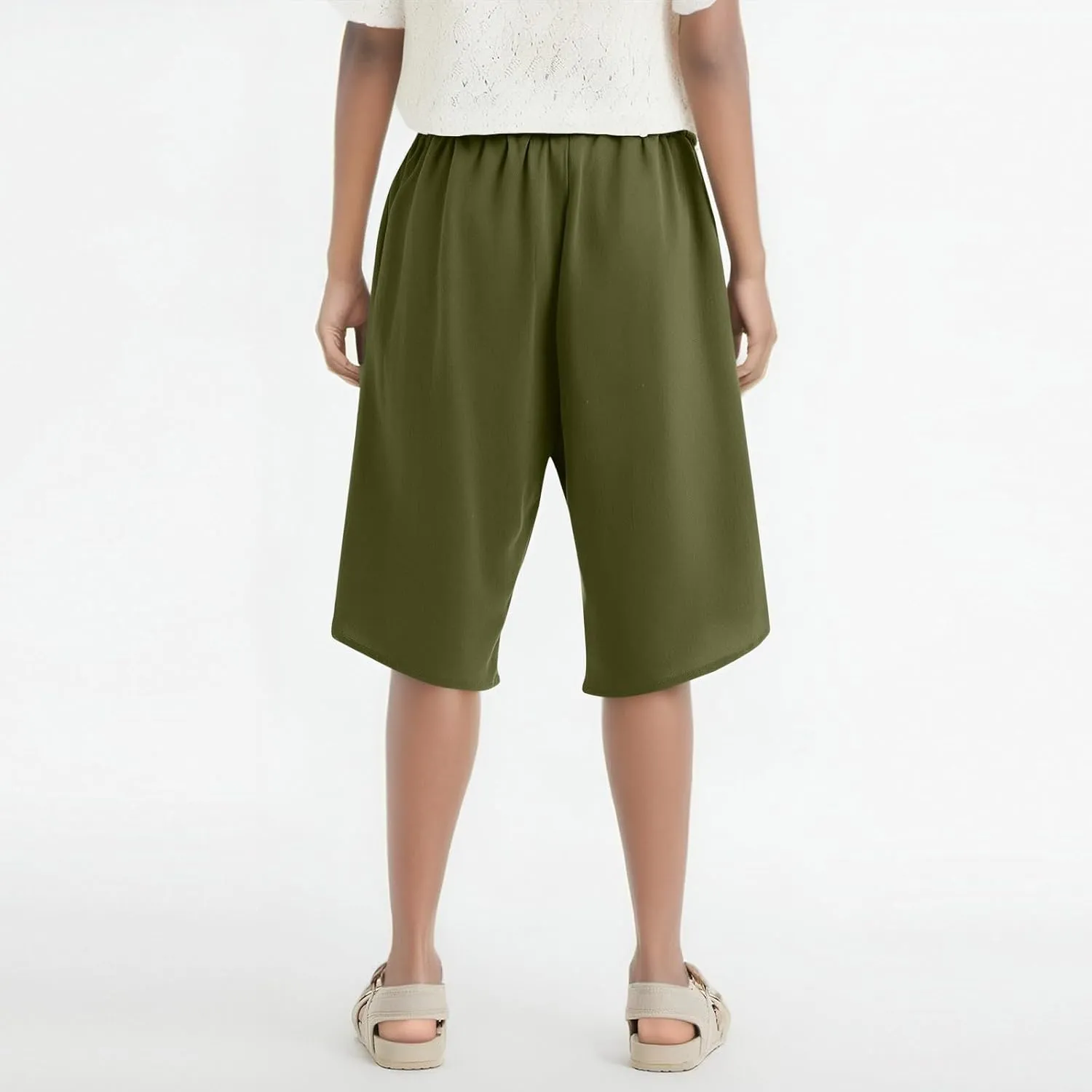Linen Shorts for Women 2025 Knee Length Casual Summer Drawstring Waist Shorts Lightweight Loose Beach Pants