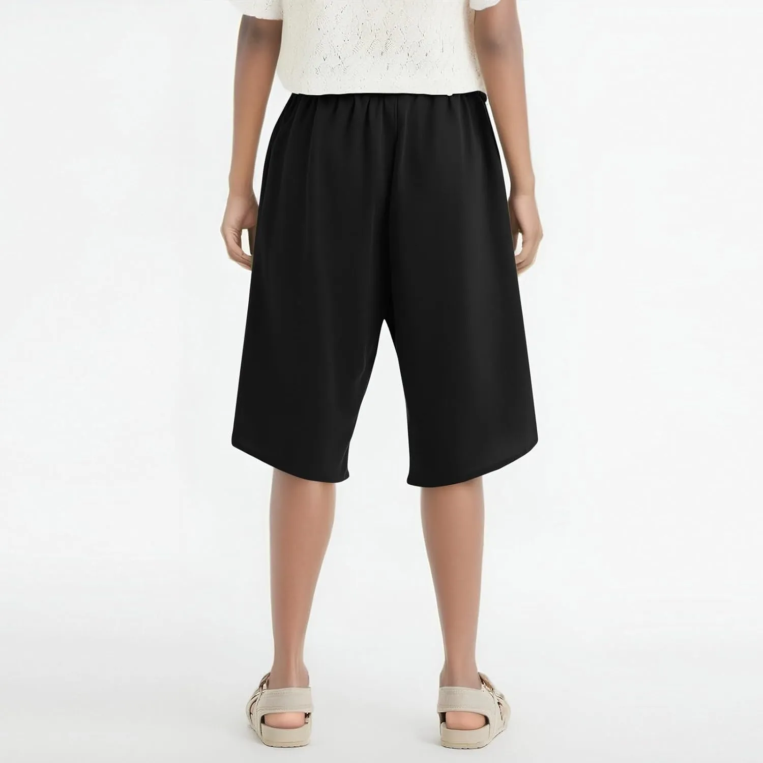 Linen Shorts for Women 2025 Knee Length Casual Summer Drawstring Waist Shorts Lightweight Loose Beach Pants
