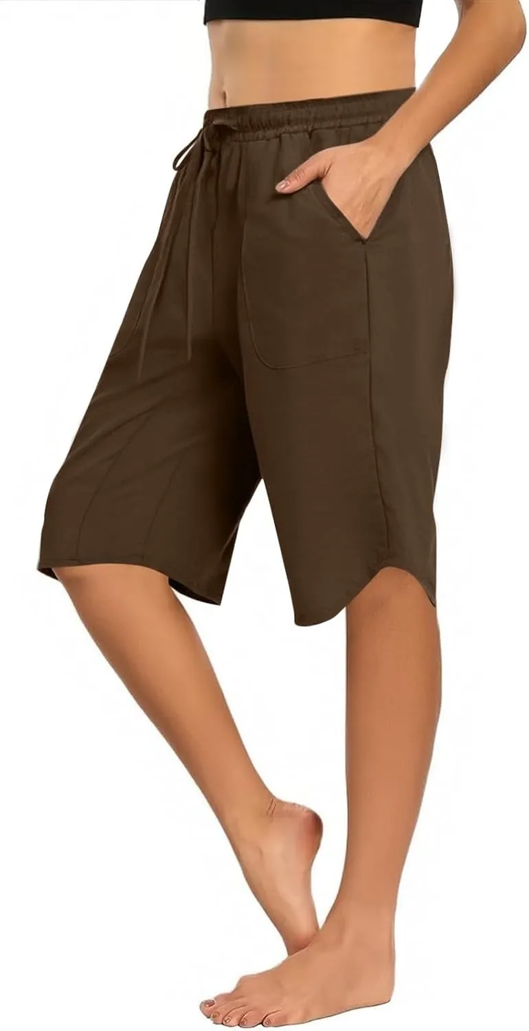 Linen Shorts for Women 2025 Knee Length Casual Summer Drawstring Waist Shorts Lightweight Loose Beach Pants