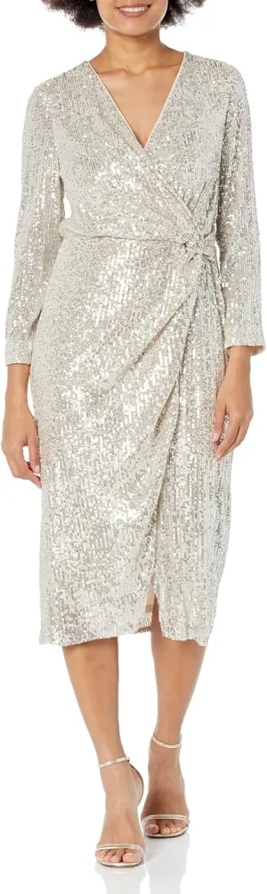 London Times Women's Long Sleeve Sequin Surplice Faux Wrap Midi Dress Cocktail Wedding Guest of Event Chic