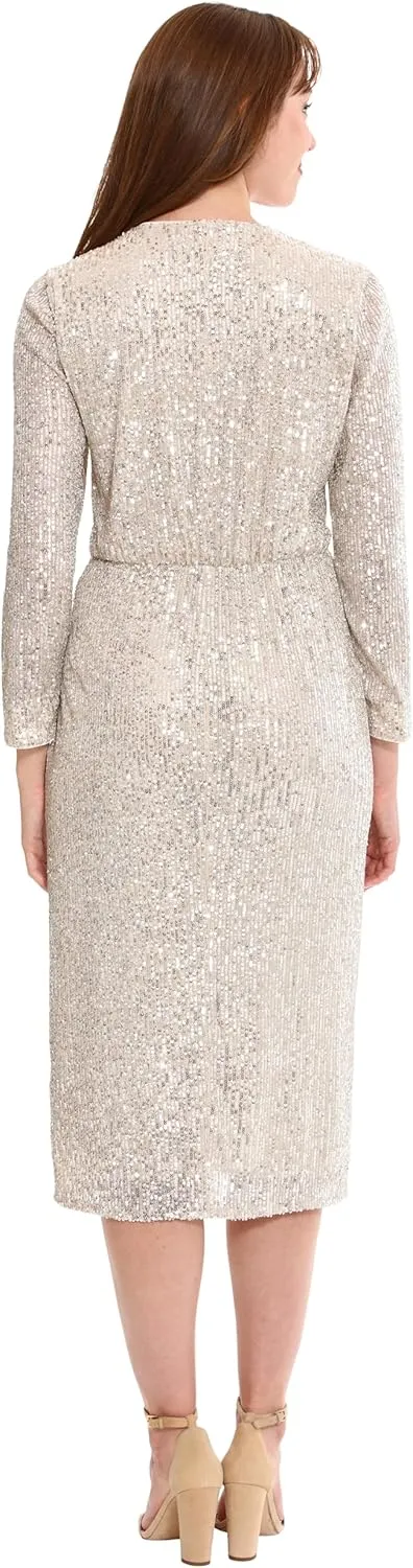 London Times Women's Long Sleeve Sequin Surplice Faux Wrap Midi Dress Cocktail Wedding Guest of Event Chic