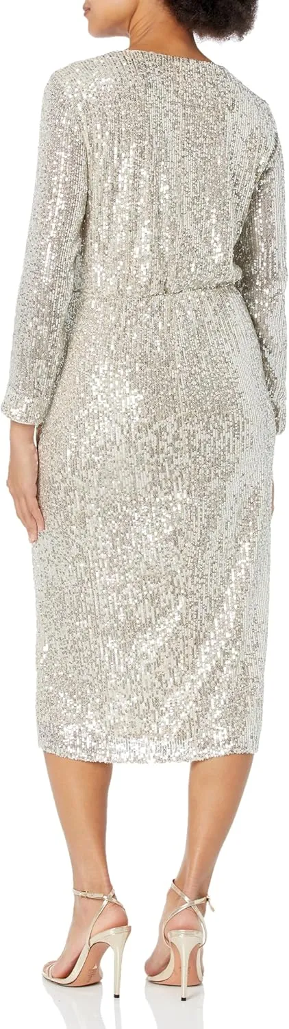 London Times Women's Long Sleeve Sequin Surplice Faux Wrap Midi Dress Cocktail Wedding Guest of Event Chic
