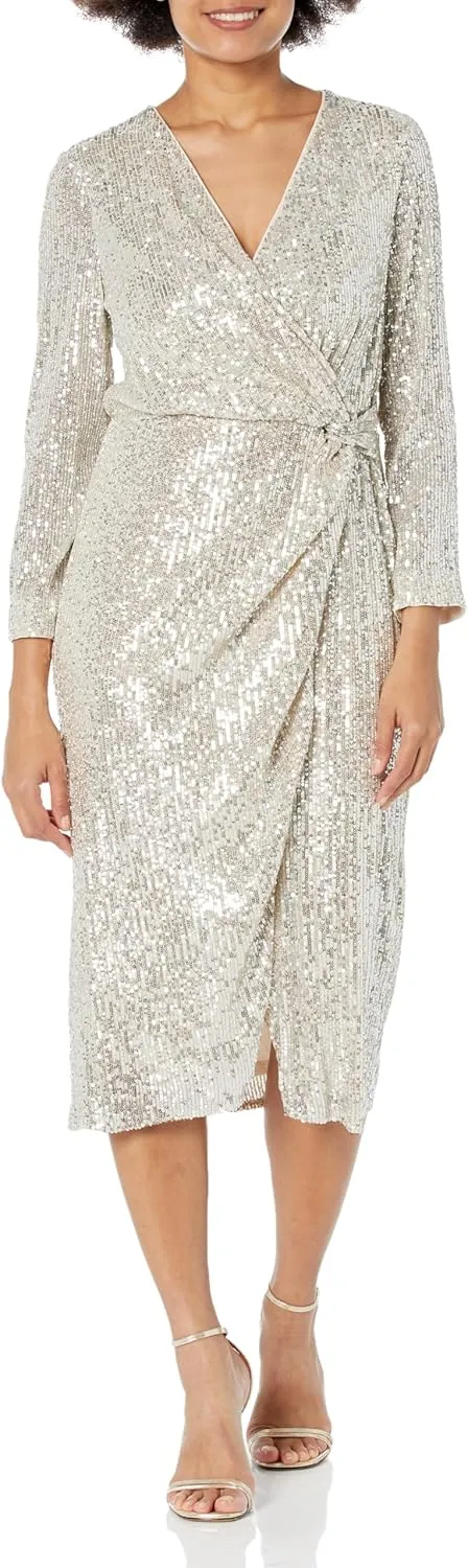London Times Women's Long Sleeve Sequin Surplice Faux Wrap Midi Dress Cocktail Wedding Guest of Event Chic