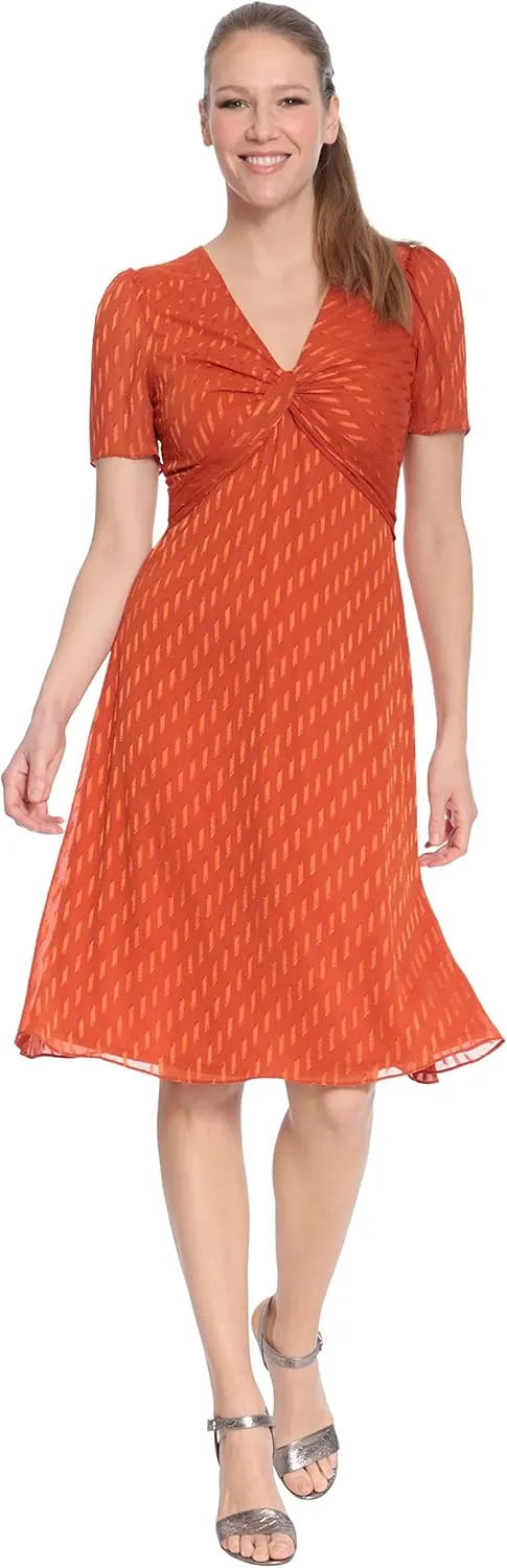 London Times Women's Twist Bodice V-Neck Fit and Flare Dress