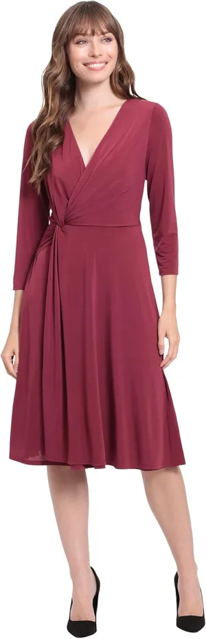London Times Women's Twist Bodice V-Neck Fit and Flare Dress