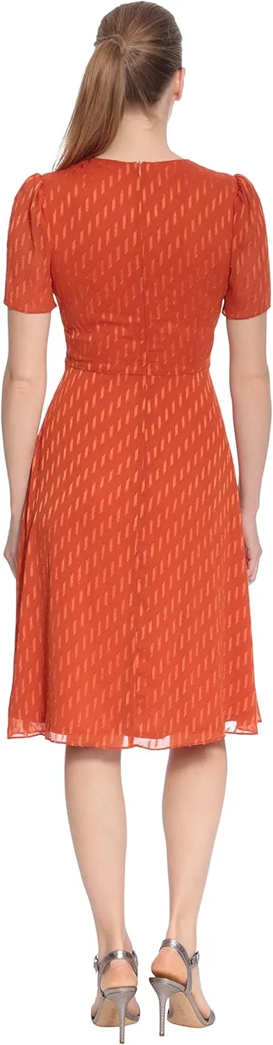 London Times Women's Twist Bodice V-Neck Fit and Flare Dress