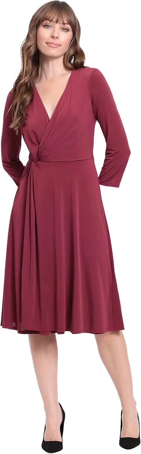 London Times Women's Twist Bodice V-Neck Fit and Flare Dress