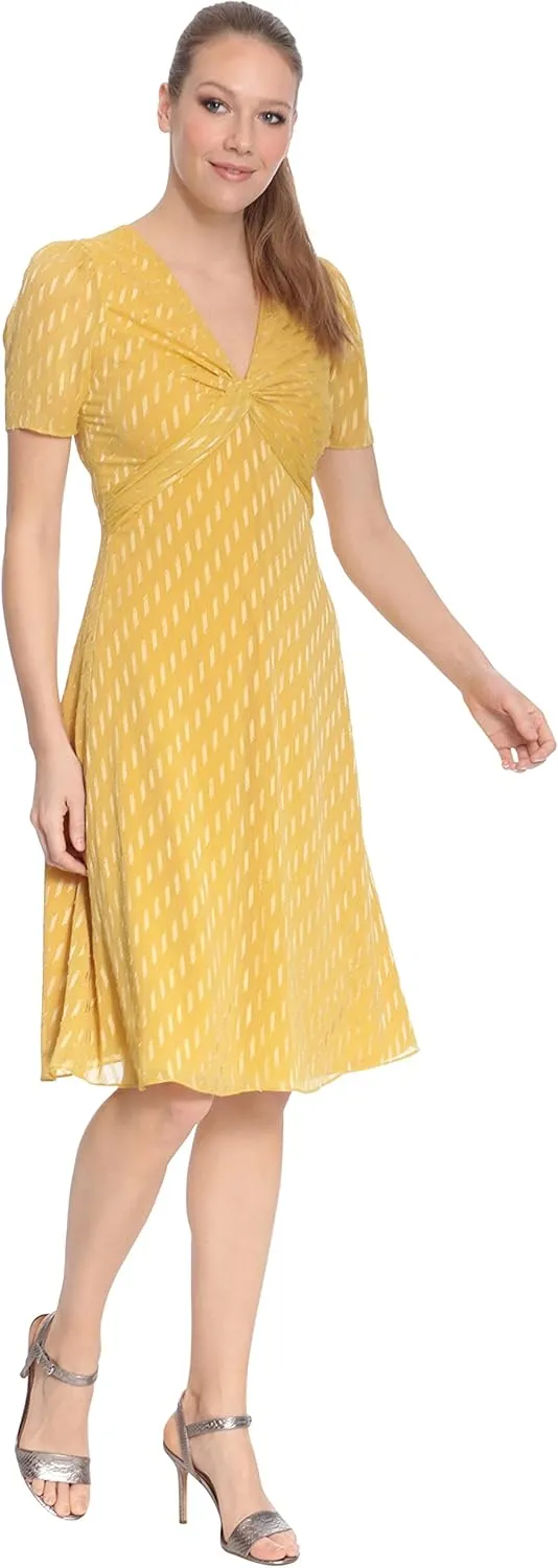London Times Women's Twist Bodice V-Neck Fit and Flare Dress