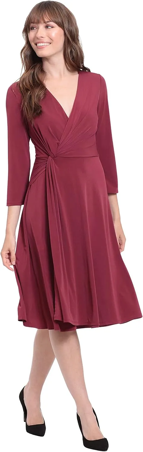 London Times Women's Twist Bodice V-Neck Fit and Flare Dress