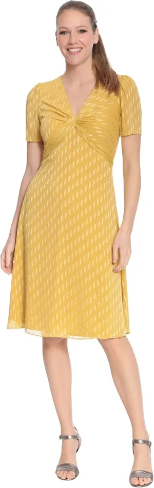 London Times Women's Twist Bodice V-Neck Fit and Flare Dress