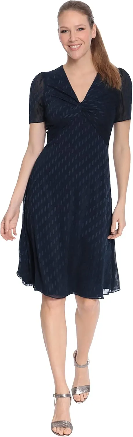 London Times Women's Twist Bodice V-Neck Fit and Flare Dress