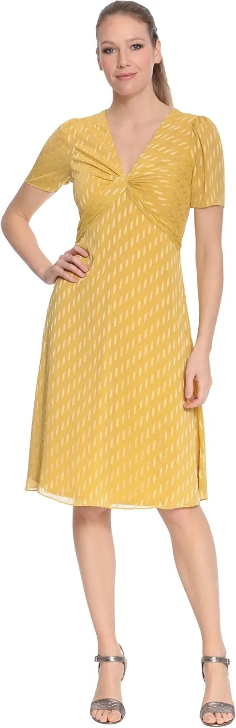 London Times Women's Twist Bodice V-Neck Fit and Flare Dress